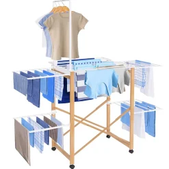 IDMarket Séchoir à linge pliable DELUXE capacité 22M avec tringle blanc et effet bois
