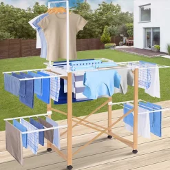 IDMarket Séchoir à linge pliable DELUXE capacité 22M avec tringle blanc et effet bois