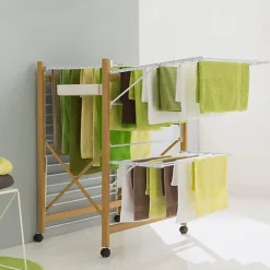 IDMarket Séchoir à linge pliable DELUXE capacité 27M blanc et effet bois