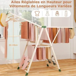 Giantex Séchoir à Linge Pliante, avec Ailes Latérales Hauteur, 18 Barres, Chaussures, Vêtements (1,6 M,Beige)