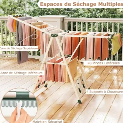 Giantex Séchoir à Linge Pliante, avec Ailes Latérales Hauteur, 18 Barres, Chaussures, Vêtements (1,6 M,Beige)