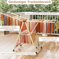 Giantex Séchoir à Linge Pliante, avec Ailes Latérales Hauteur Réglable, 20 Barres et 4 Crochets Chaussures, Vêtements (1,8 M,Beige)* Etendoir À Linge