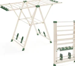 Giantex Séchoir à Linge Pliante, avec Ailes Latérales Hauteur, 16 Barres, 28 Pinces Latérales et 4 Crochets, Vêtements (1,4 M,Beige)