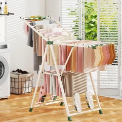Giantex Séchoir à Linge Pliante, avec Ailes Latérales Hauteur, 16 Barres, 28 Pinces Latérales et 4 Crochets, Vêtements (1,4 M,Beige)
