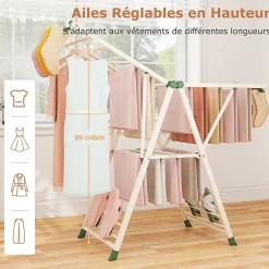 Giantex Séchoir à Linge Pliante, avec Ailes Latérales Hauteur, 16 Barres, 28 Pinces Latérales et 4 Crochets, Vêtements (1,4 M,Beige)