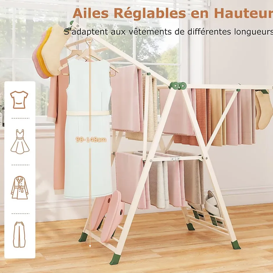 Giantex Séchoir à Linge Pliante, avec Ailes Latérales Hauteur, 16 Barres, 28 Pinces Latérales et 4 Crochets, Vêtements (1,4 M,Beige)