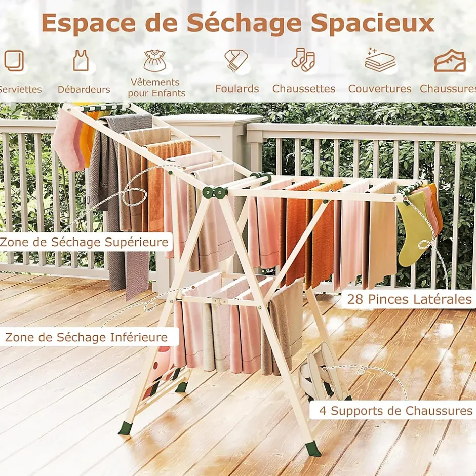 Giantex Séchoir à Linge Pliante, avec Ailes Latérales Hauteur, 16 Barres, 28 Pinces Latérales et 4 Crochets, Vêtements (1,4 M,Beige)