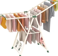 Giantex Séchoir à Linge Pliante, avec Ailes Latérales Hauteur, 16 Barres, 28 Pinces Latérales et 4 Crochets, Vêtements (1,4 M,Beige)