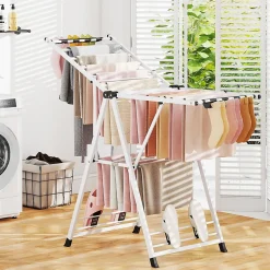 Giantex Séchoir à Linge Pliante, avec Ailes Latérales Hauteur, 16 Barres, 28 Pinces Latérales et 4 Crochets, Vêtements (1,4 M,Blanc)
