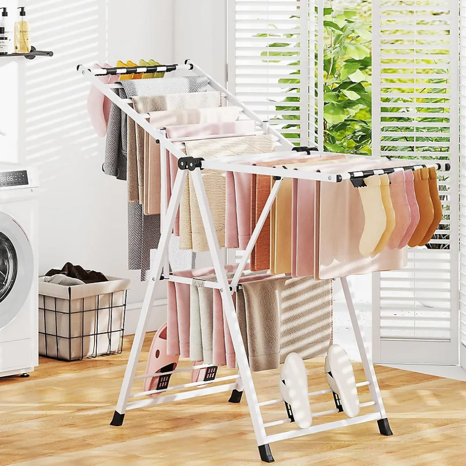 Giantex Séchoir à Linge Pliante, avec Ailes Latérales Hauteur, 16 Barres, 28 Pinces Latérales et 4 Crochets, Vêtements (1,4 M,Blanc)