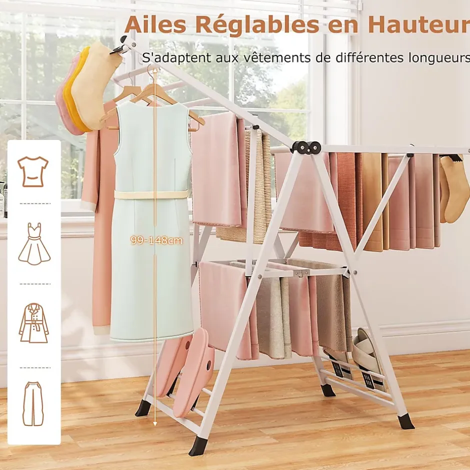 Giantex Séchoir à Linge Pliante, avec Ailes Latérales Hauteur, 16 Barres, 28 Pinces Latérales et 4 Crochets, Vêtements (1,4 M,Blanc)