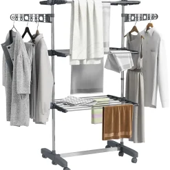 Homcom Séchoir à linge étendoir pliable ailes latérales 3 niveaux acier inox PP gris* Etendoir À Linge