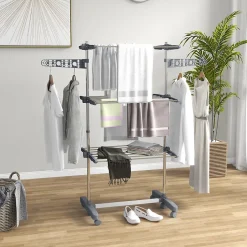 Homcom Séchoir à linge étendoir pliable ailes latérales 3 niveaux acier inox PP gris* Etendoir À Linge