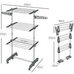 Homcom Séchoir à linge étendoir pliable ailes latérales 3 niveaux acier inox PP gris* Etendoir À Linge