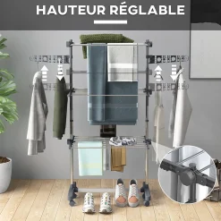Homcom Séchoir à linge étendoir pliable ailes latérales 3 niveaux acier inox PP gris* Etendoir À Linge