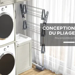 Homcom Séchoir à linge étendoir pliable ailes latérales 3 niveaux acier inox PP gris* Etendoir À Linge