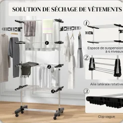 Homcom Séchoir à linge étendoir pliable ailes latérales 4 niveaux noir