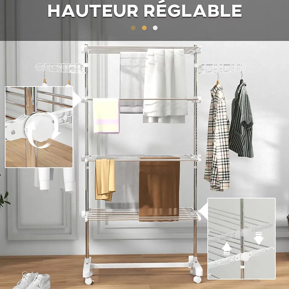 Homcom Séchoir à linge étendoir pliable ailes latérales sur 4 niveaux