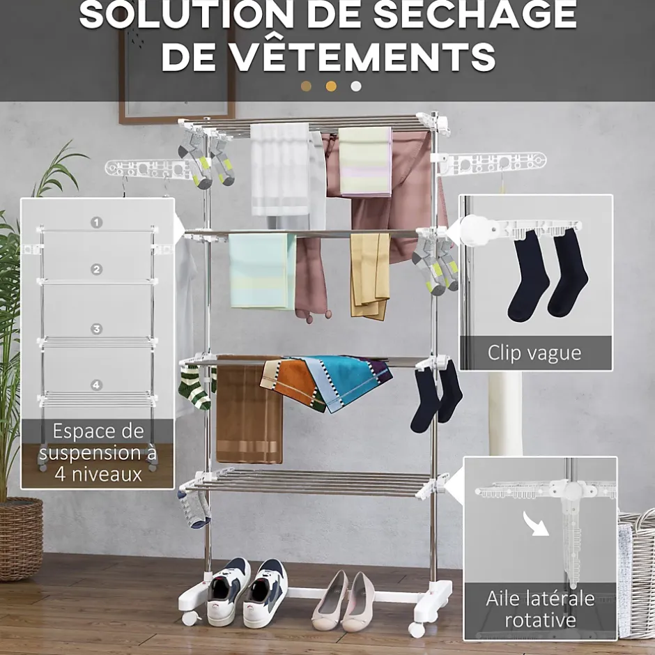 Homcom Séchoir à linge étendoir pliable ailes latérales sur 4 niveaux