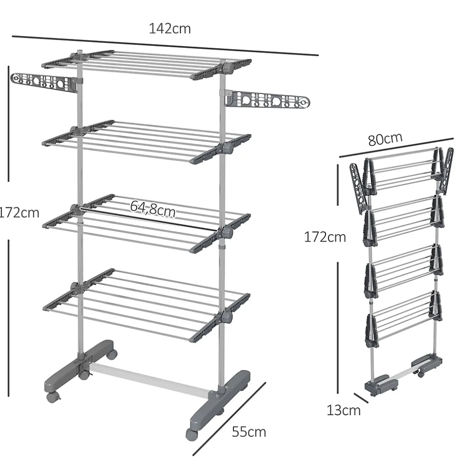 Homcom Séchoir à linge étendoir pliable ailes latérales 4 niveaux gris