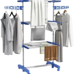 Homcom Séchoir à linge étendoir pliable ailes latérales 3 niveaux acier inox PP bleu* Etendoir À Linge
