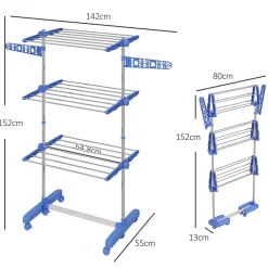 Homcom Séchoir à linge étendoir pliable ailes latérales 3 niveaux acier inox PP bleu* Etendoir À Linge