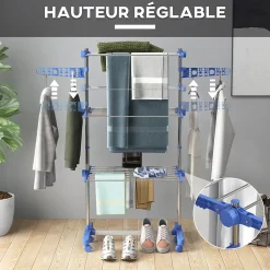 Homcom Séchoir à linge étendoir pliable ailes latérales 3 niveaux acier inox PP bleu* Etendoir À Linge