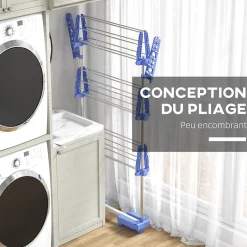 Homcom Séchoir à linge étendoir pliable ailes latérales 3 niveaux acier inox PP bleu* Etendoir À Linge