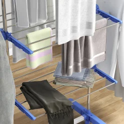 Homcom Séchoir à linge étendoir pliable ailes latérales 3 niveaux acier inox PP bleu* Etendoir À Linge