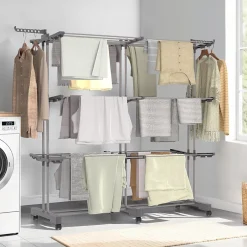 IDMarket Séchoir à linge vertical pliable et extensible 3 niveaux MAXI capacité 40M inox et gris* Etendoir À Linge