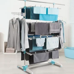 IDMarket Séchoir à linge vertical pliable 4 niveaux OPTIMUM capacité 30M avec tringle télescopique blanc et bleu* Etendoir À Linge