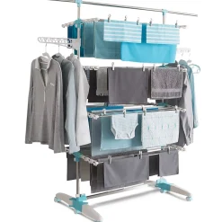 IDMarket Séchoir à linge vertical pliable 4 niveaux OPTIMUM capacité 30M avec tringle télescopique blanc et bleu* Etendoir À Linge