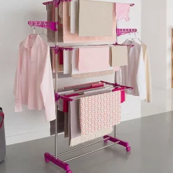 IDMarket Séchoir à linge vertical pliable 3 niveaux MAXIMA capacité 20M inox et rose* Etendoir À Linge