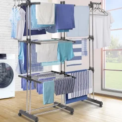 IDMarket Séchoir à linge vertical pliable et extensible 3 niveaux GIGA capacité 27M avec cintres et pinces inox et gris