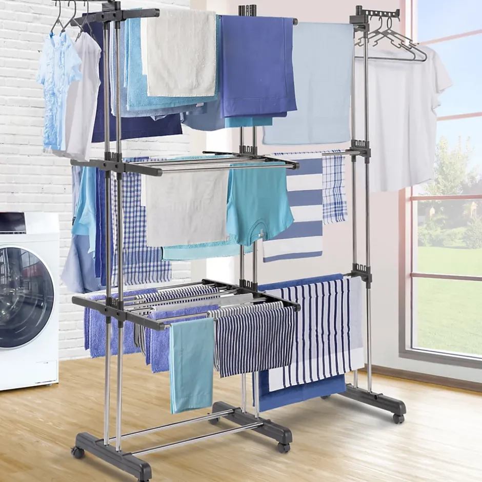 IDMarket Séchoir à linge vertical pliable et extensible 3 niveaux GIGA capacité 27M avec cintres et pinces inox et gris