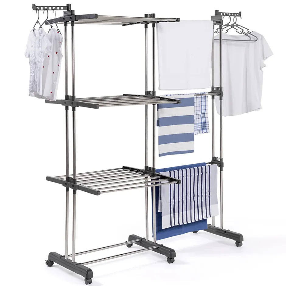 IDMarket Séchoir à linge vertical pliable et extensible 3 niveaux GIGA capacité 27M avec cintres et pinces inox et gris