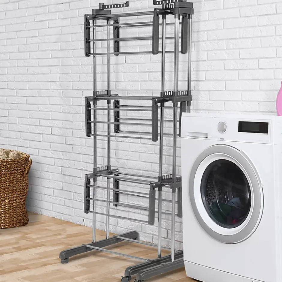 IDMarket Séchoir à linge vertical pliable et extensible 3 niveaux GIGA capacité 27M avec cintres et pinces inox et gris