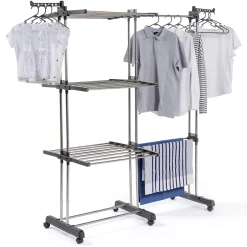 IDMarket Séchoir à linge vertical pliable et extensible 3 niveaux GIGA capacité 27M avec cintres et pinces inox et gris