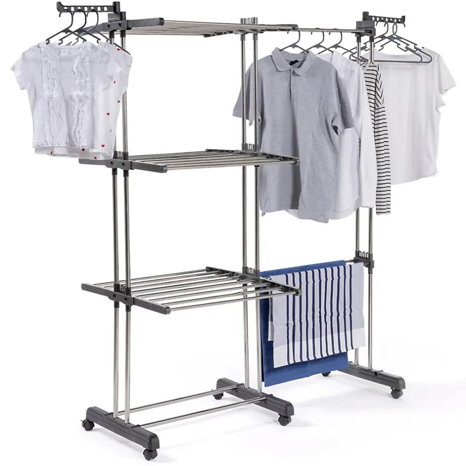 IDMarket Séchoir à linge vertical pliable et extensible 3 niveaux GIGA capacité 27M avec cintres et pinces inox et gris