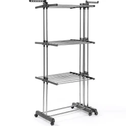 IDMarket Séchoir à linge vertical pliable et extensible 3 niveaux GIGA capacité 27M avec cintres et pinces inox et gris
