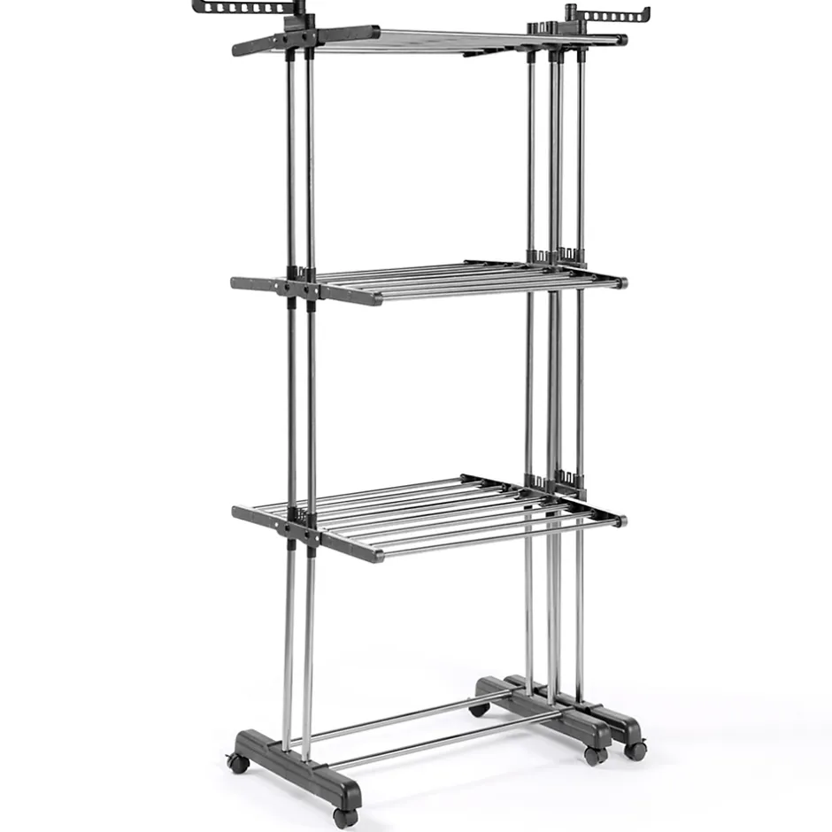IDMarket Séchoir à linge vertical pliable et extensible 3 niveaux GIGA capacité 27M avec cintres et pinces inox et gris