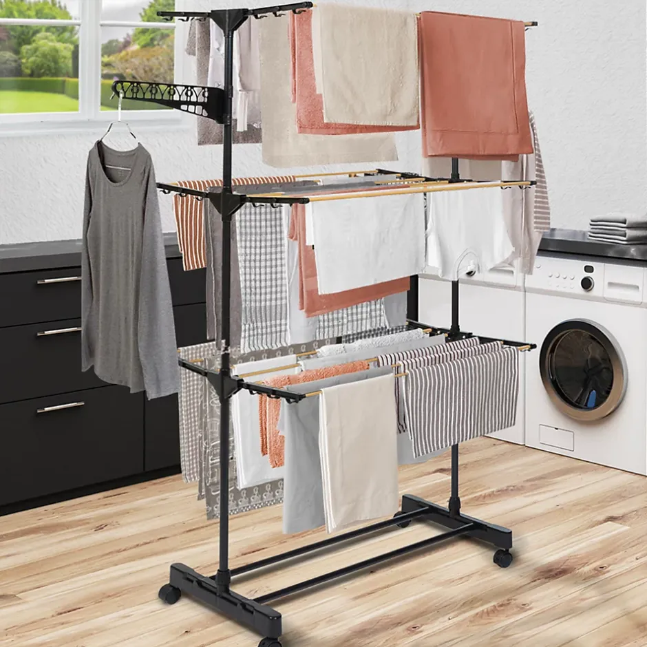 IDMarket Séchoir à linge vertical pliable 3 niveaux MAXIMA capacité 20M noir et effet bois* Etendoir À Linge