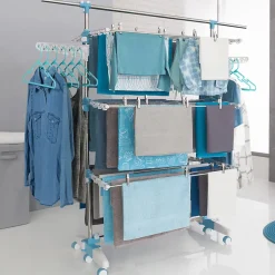 IDMarket Séchoir à linge vertical pliable 3 niveaux OPTIMUM capacité 30M avec tringle télescopique cintres et pinces blanc et bleu* Etendoir À Linge