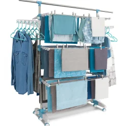 IDMarket Séchoir à linge vertical pliable 3 niveaux OPTIMUM capacité 30M avec tringle télescopique cintres et pinces blanc et bleu* Etendoir À Linge