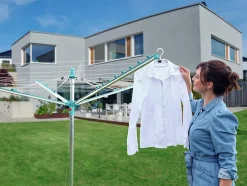 Leifheit Séchoir parapluie extérieur avec douille de fixation, 50 m d'étendage, gris et bleu turquoise, Linomatic 500 Easy* Etendoir À Linge