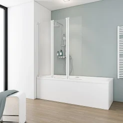 Schulte Pare-baignoire 124x130 cm - Réversible - Paroi rabattable - Verre 5 mm - 3 Volets pivotants - Profil Blanc