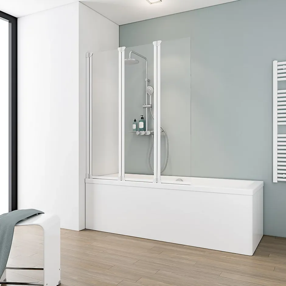 Schulte Pare-baignoire 124x130 cm - Réversible - Paroi rabattable - Verre 5 mm - 3 Volets pivotants - Profil Blanc