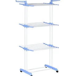 Homcom Sechoir à linge étendoir pliable 3 niveaux 2 ailes latérales à cintres acier blanc PP bleu