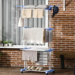 Homcom Sechoir à linge étendoir pliable 3 niveaux 2 ailes latérales à cintres acier blanc PP bleu