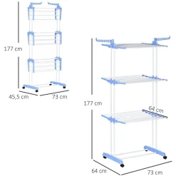 Homcom Sechoir à linge étendoir pliable 3 niveaux 2 ailes latérales à cintres acier blanc PP bleu